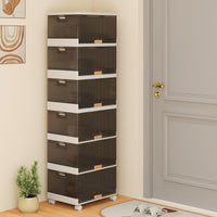 Scatole Immagazzinaggio Impilabili e Pieghevole con Ruote, Contenitore a 6 Ripiani con Coperchi, Organizzatori Trasparente, per Camera da Letto e Soggiorno, Bianco (37,5 x 27,5 x 121 cm)