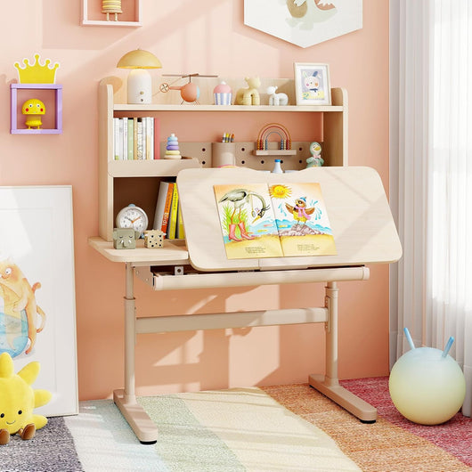 Scrivania per Bambini 3+ Anni, Tavolo da Studio Regolabile in Altezza con Libreria e Cassetto, Piano Inclinabile, Mensole, Leggio e Portapenne, Scrivania per Studiare (Giallo)
