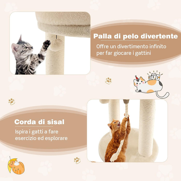 Tiragraffi per Gatti, Albero Tiragraffi Gatto con Cuccia in Peluche, Pallina, Corde e Tiragraffi in Sisal, Tiragraffi da Divano in Legno per Gatti Piccoli, 43 x 43 x 53 cm (Beige)