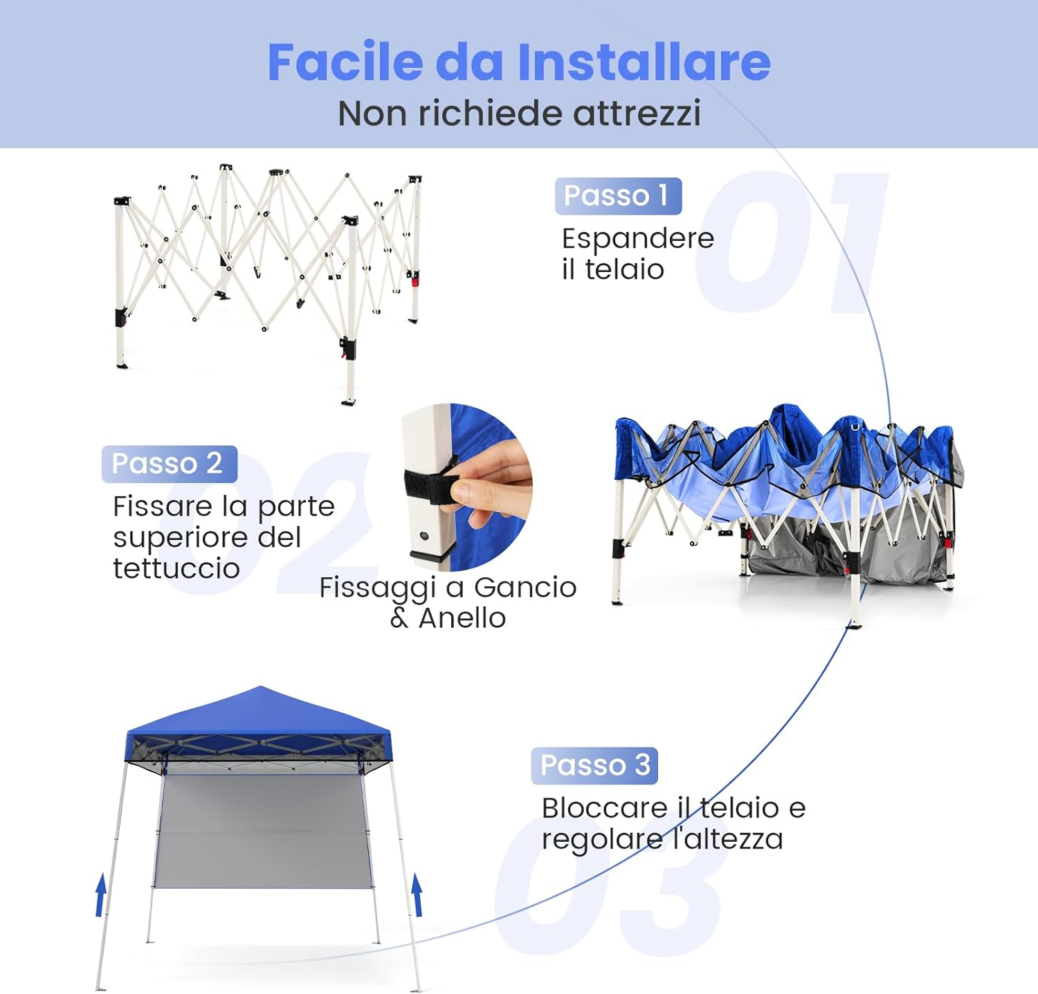 Gazebo Pop-up da Esterno 182 x 182 cm, Gazebo Pieghevole con 1 Parete Laterale, Gambe Inclinabili Regolabili e 4 Picchetti, Tendone Impermeabile per Feste, Campeggio e Picnic (Blu)