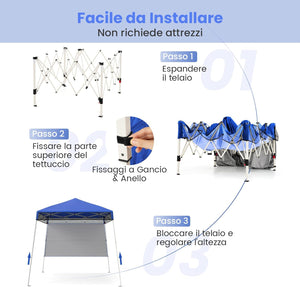 Gazebo Pop-up da Esterno 182 x 182 cm, Gazebo Pieghevole con 1 Parete Laterale, Gambe Inclinabili Regolabili e 4 Picchetti, Tendone Impermeabile per Feste, Campeggio e Picnic (Blu)