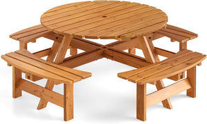 Set Tavolo con 4 Panche da Picnic, Tavolo da Pranzo Rotondo per 8 Persone, con Foro per Ombrello da 5 cm, Set di Mobili da Picnic da Esterno, per Giardino Patio (Giallo)