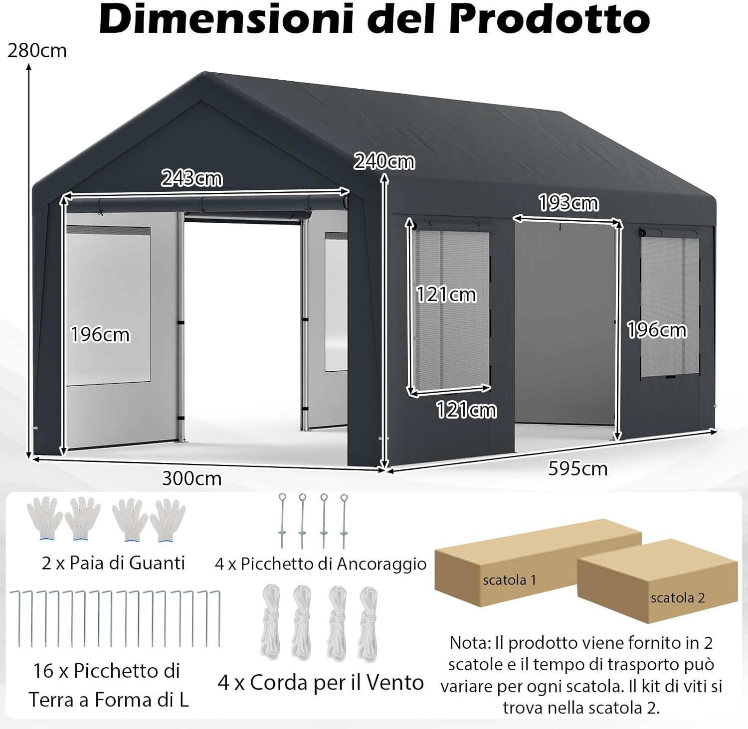 Tenda Garage per Auto Impermeabile, Cappanone Posto Auto con 4 Porte e 4 Finestre a Rete Arrotolabile, Tendone Multiuso a Pareti Laterali Rimovibile per Feste ed Eventi, 595 x 300 x 280 cm