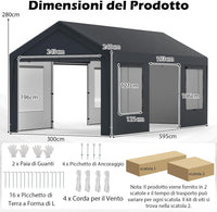 Tenda Garage per Auto Impermeabile, Cappanone Posto Auto con 4 Porte e 4 Finestre a Rete Arrotolabile, Tendone Multiuso a Pareti Laterali Rimovibile per Feste ed Eventi, 595 x 300 x 280 cm