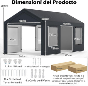 Tenda Garage per Auto Impermeabile, Cappanone Posto Auto con 4 Porte e 4 Finestre a Rete Arrotolabile, Tendone Multiuso a Pareti Laterali Rimovibile per Feste ed Eventi, 595 x 300 x 280 cm