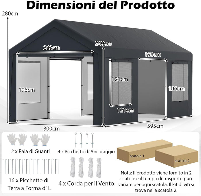 Tenda Garage per Auto Impermeabile, Cappanone Posto Auto con 4 Porte e 4 Finestre a Rete Arrotolabile, Tendone Multiuso a Pareti Laterali Rimovibile per Feste ed Eventi, 595 x 300 x 280 cm