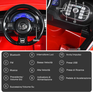 12V Volkswagen Macchina Elettrica per Bambini, Auto Elettrica con Telecomando Luci Musica Doppia Porta, 5km/h Carico 30kg, per Bambini 3-8 Anni (Rosso)