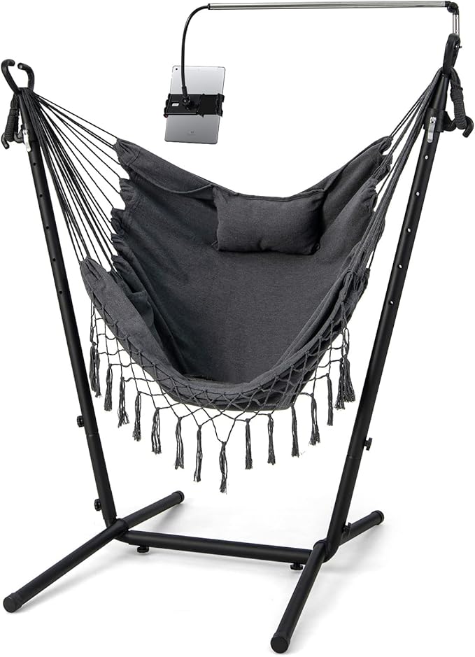Sedia Amaca Sospesa con Supporto, Sedia Appesa Regolabile in Altezza con Supporto Porta Cellulare Cuscino e Tasca Laterale, Carico Massimo 250 kg