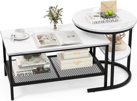 Set di Tavolini da Caffè Componibili, 2 in 1 Set di Tavoli Rimovibili con Piano in Marmo Sintetico, Tavolino Rotondo e Tavolino Rettangolare per Salotto e Camera da Letto (Nero)