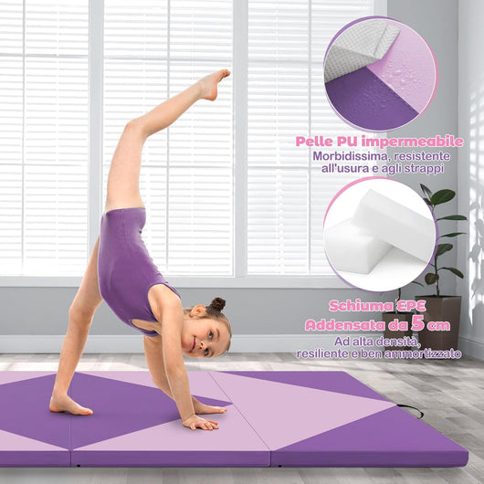 Tappetino Ginnastica Pieghevole 240 CM, Tappetino Fitness con Maniglie e Chiusure a Strappo per Stretching, Yoga, Arti Marziali da Casa e Palestra