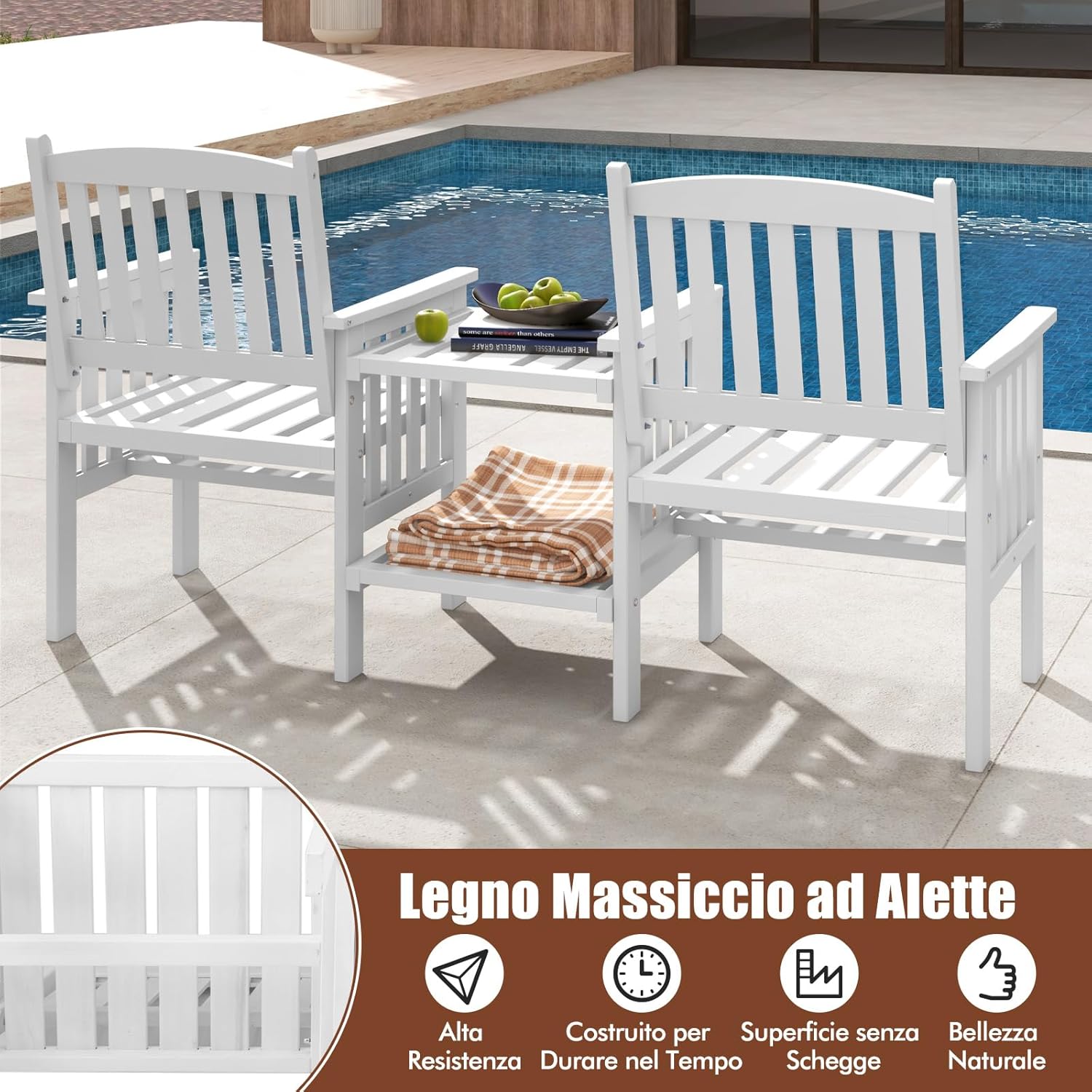 Set Tavolo e Sedie da Giardino con Foro per Ombrellone, Set di Mobili a 2 Posti in Legno Abete, Tavolino a 2 Ripiani, Sedia Portata 150 kg, Tavolino Portata 30+30 kg