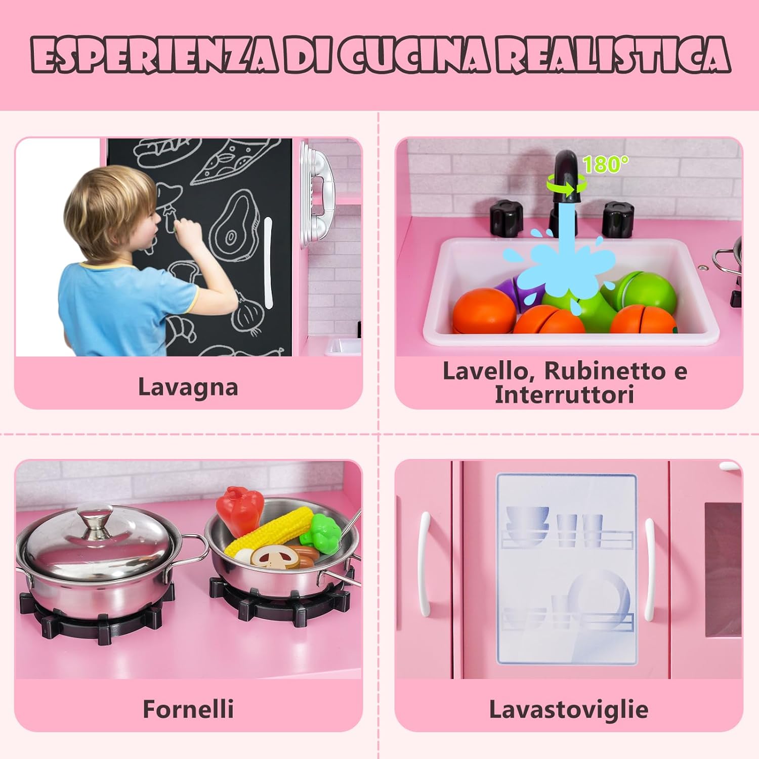 Set da Cucina per Bambini con Lavagna, Telefono, Microonde, Fabbricatore di Ghiaccio, Giocattolo da Cucina in Legno con Accessori e Suoni Simulati per Ragazzi di 3-6 Anni (Rosa)