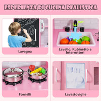 Set da Cucina per Bambini con Lavagna, Telefono, Microonde, Fabbricatore di Ghiaccio, Giocattolo da Cucina in Legno con Accessori e Suoni Simulati per Ragazzi di 3-6 Anni (Rosa)