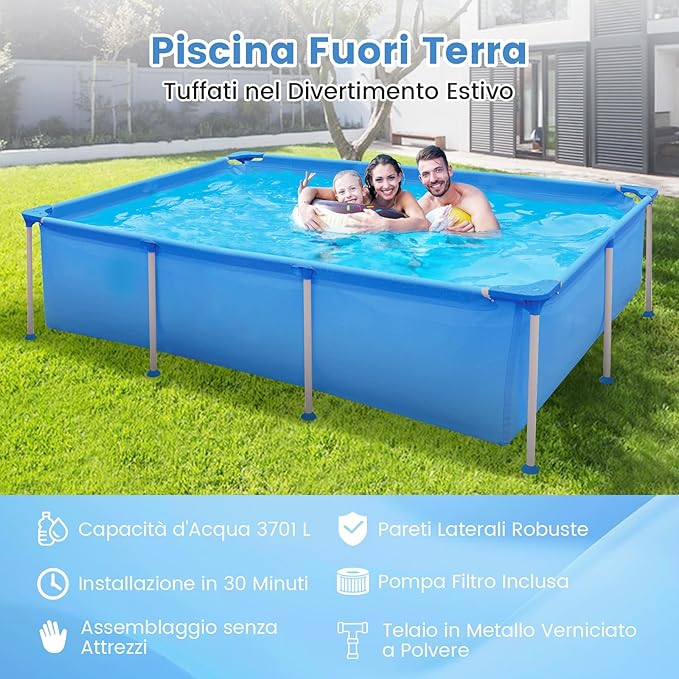 Piscina Fuori Terra, Piscina Rettangolare Grande con Pompa Filtro, Cartuccia e Struttura in Metallo, per Esterni per Bambini e Adulti, Capacità 2612 L, 258 x 179 x 66 cm