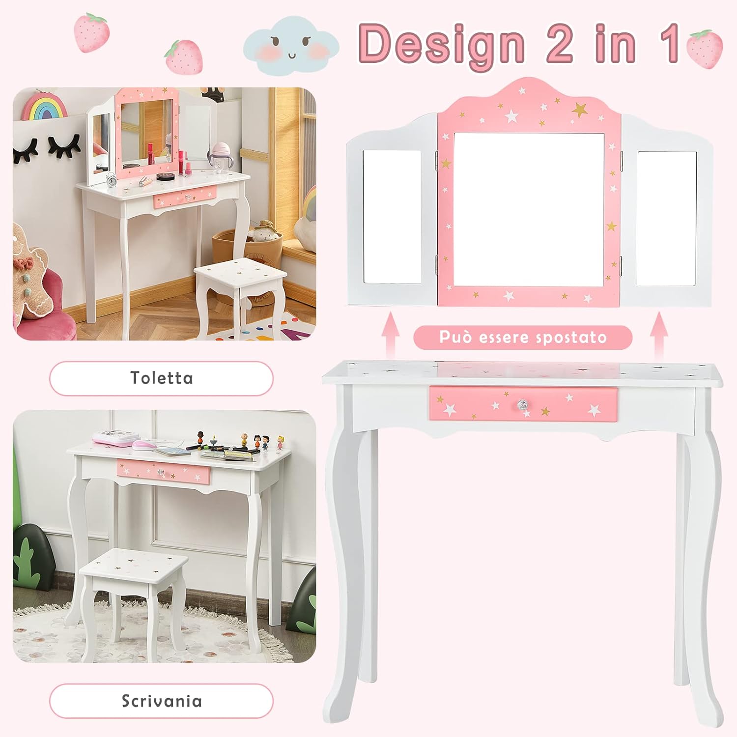 Toeletta Trucco 2 in 1 per Bambina Staccabile, Specchiera per Ragazza in Legno con Giocattoli, Sgabello e Cassetto, Postazione Trucco per Cameretta e Cmera da Letto, 3 Anni 70x35x104cm(Bianco)