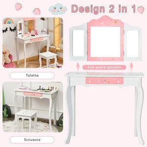 Toeletta Trucco 2 in 1 per Bambina Staccabile, Specchiera per Ragazza in Legno con Giocattoli, Sgabello e Cassetto, Postazione Trucco per Cameretta e Cmera da Letto, 3 Anni 70x35x104cm(Bianco)