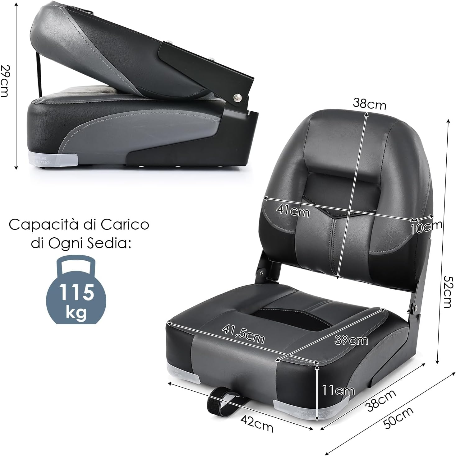 Set di 2 Sedie da Barca, Sedie per Barca Con Schienale Basso, Sedia da Barca Pieghevole, con Schiuma Spessa, Cinghia di Fissaggio, 50 x 42 x 52 cm (Grigio+Nero)