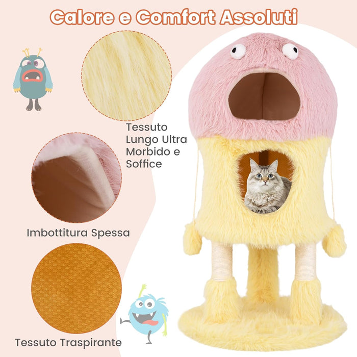 Tiragraffi per Gatti 93 cm, Torre di Gatti a Tema Mostro, Piuma Morbida e Lunga, Palo per Graffio in Sisal e Giocattoli Pendenti, Centro Attività per Gattini a 3 Livelli
