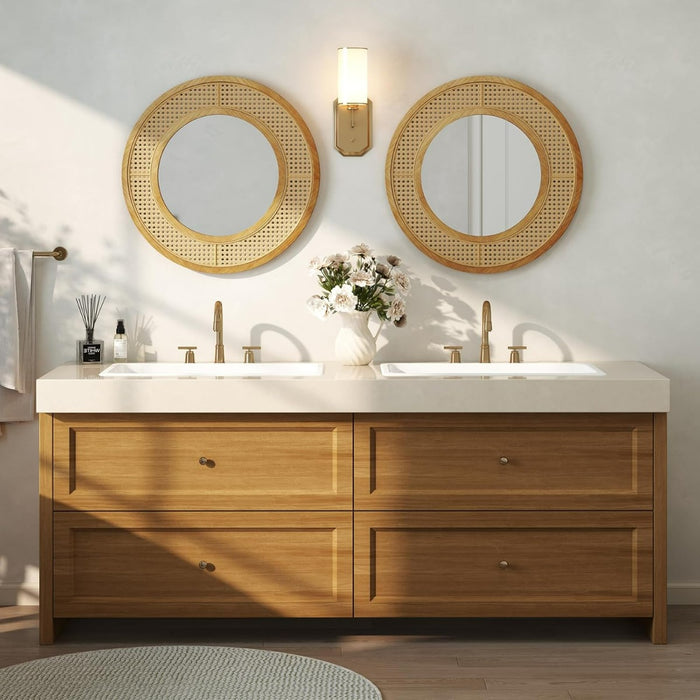 Specchio da parete in rattan con cornice in legno, Specchio decorativo rotondo bohemien da parete 65 x 65 cm-Specchi da parete