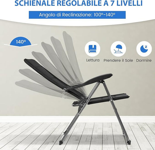 Set di 2 Sedie da Giardino, Poltrona Reclinabile da Giardino con Schienale Regolabili a 7 Posizioni, Sedia Pieghevole Imbottite per Giardino,Spiaggia, Portata 136 kg