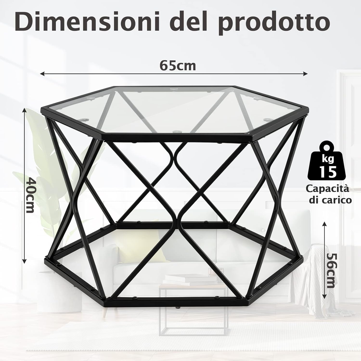 Tavolino da Salotto Esagonale con Piano in Vetro e Telaio in Acciaio, Tavolino da Divano Stretto e Moderno Tavolino da Basso per Soggiorno, Balcone e Studio, 65 x 56 x 40cm