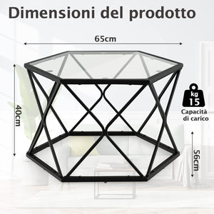 Tavolino da Salotto Esagonale con Piano in Vetro e Telaio in Acciaio, Tavolino da Divano Stretto e Moderno Tavolino da Basso per Soggiorno, Balcone e Studio, 65 x 56 x 40cm