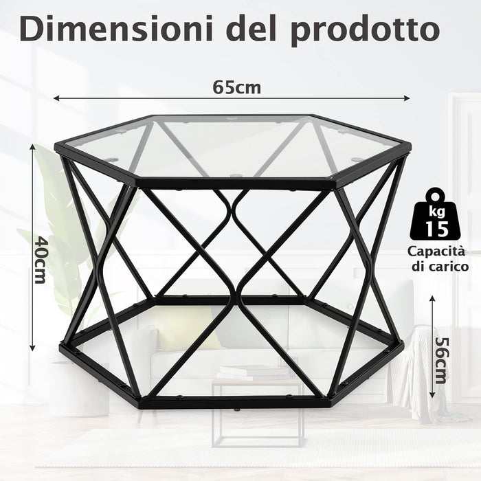 Tavolino da Salotto Esagonale con Piano in Vetro e Telaio in Acciaio, Tavolino da Divano Stretto e Moderno Tavolino da Basso per Soggiorno, Balcone e Studio, 65 x 56 x 40cm