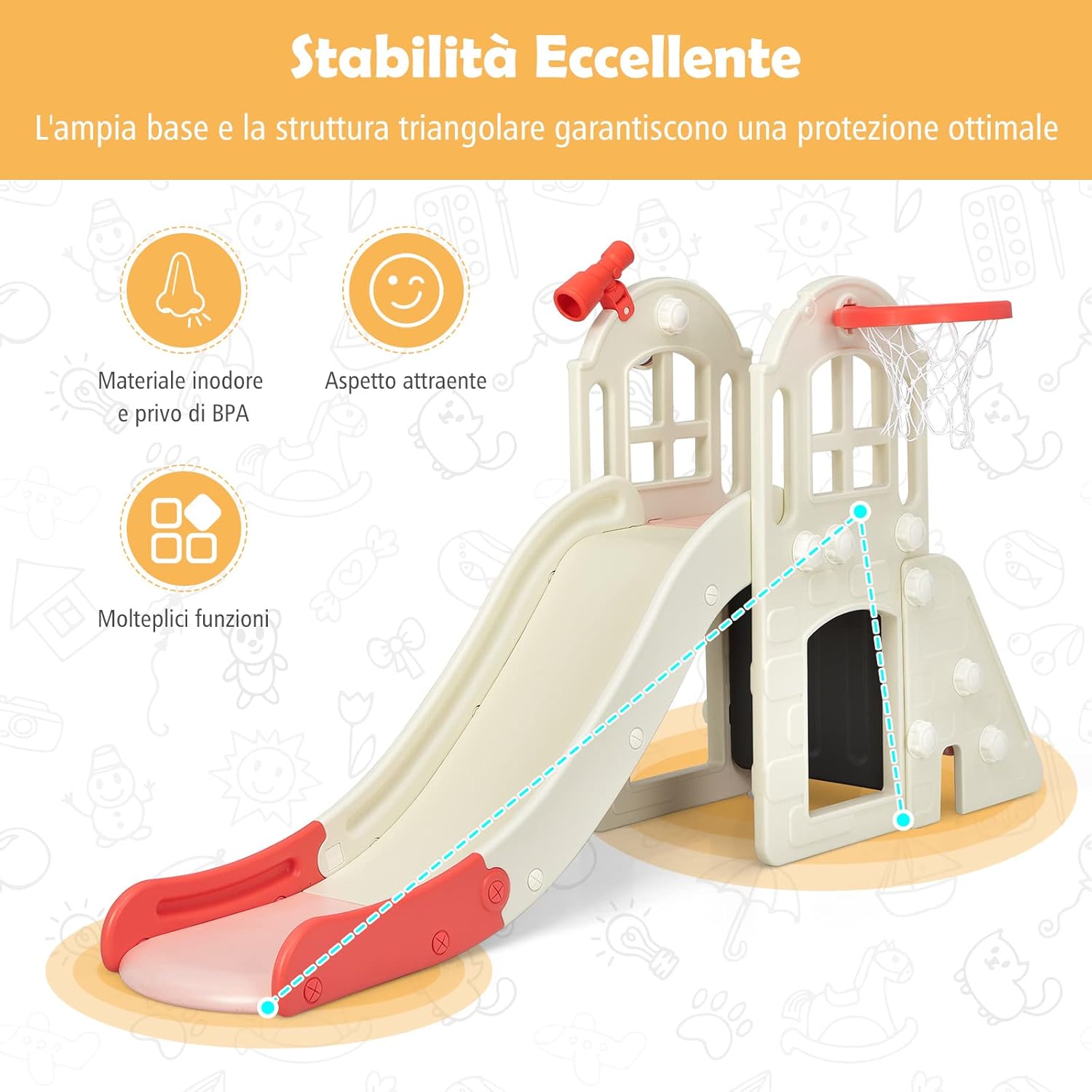 Scivolo per Bambini 6 in 1, Set da Gioco per Bambini con Canestro, Palla, Lancio dell'Anello e Cannocchiale, Ideale per Interni ed Esterni per Ragazzi e Ragazze, 189,5 x 83 x 98 cm (Rosa)