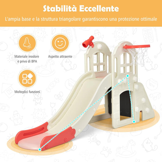 Scivolo per Bambini 6 in 1, Set da Gioco per Bambini con Canestro, Palla, Lancio dell'Anello e Cannocchiale, Ideale per Interni ed Esterni per Ragazzi e Ragazze, 189,5 x 83 x 98 cm (Rosa)