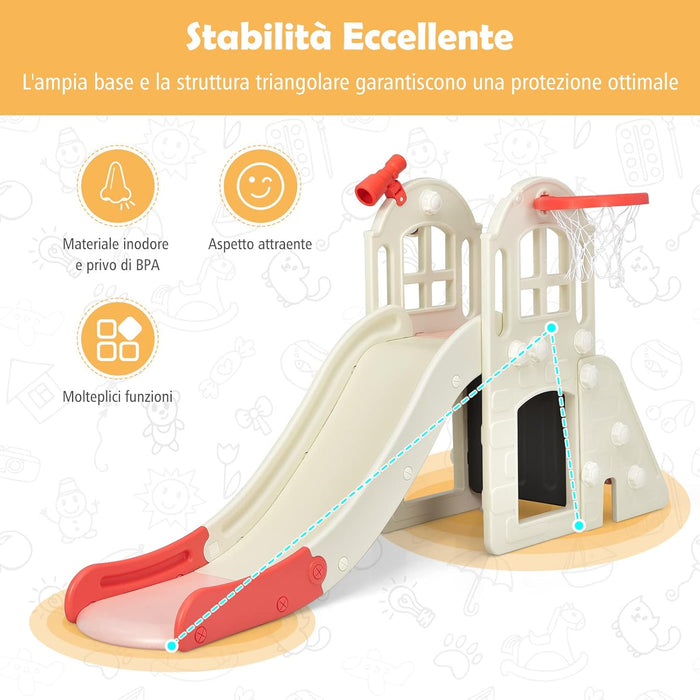 Scivolo per Bambini 6 in 1, Set da Gioco per Bambini con Canestro, Palla, Lancio dell'Anello e Cannocchiale, Ideale per Interni ed Esterni per Ragazzi e Ragazze, 189,5 x 83 x 98 cm (Rosa)