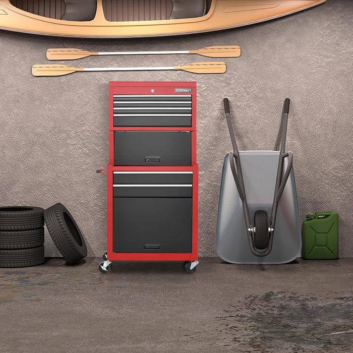 Cassettiera Portautensili a 6 Cassetti, Carrello per Attrezzi con Ruote Bloccabili, con Ripiano rimovibile e Serratura, 61,5 x 33 x 132 cm (Nero+Rosso)