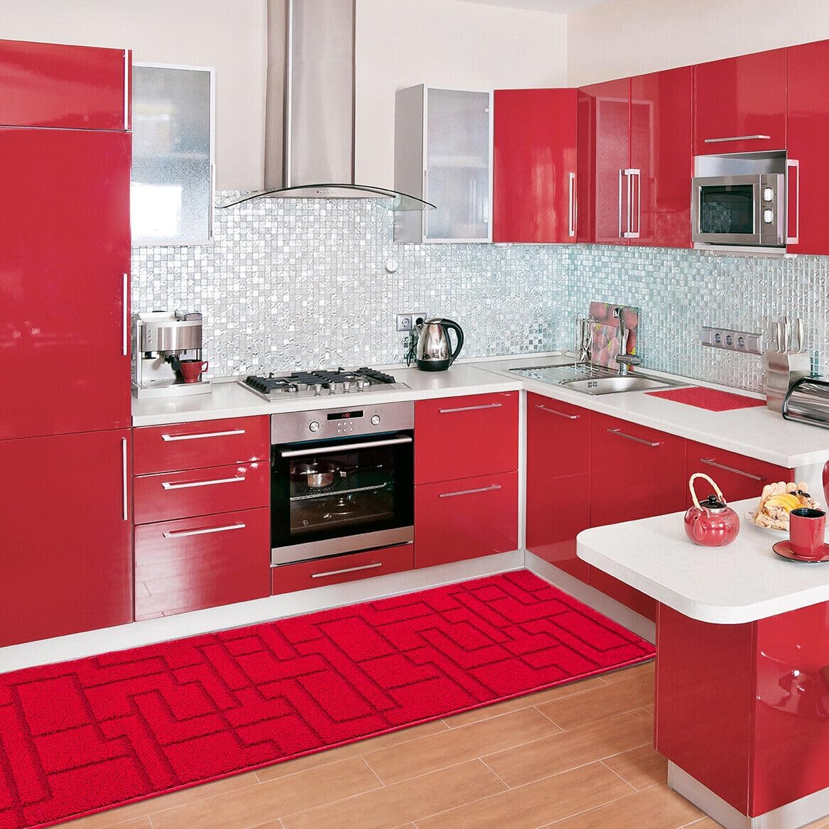 Tappeto Casa Cucina 3D 50x290 Cm Design Geometrico Moderno Assorbente Antiscivolo Bordeaux