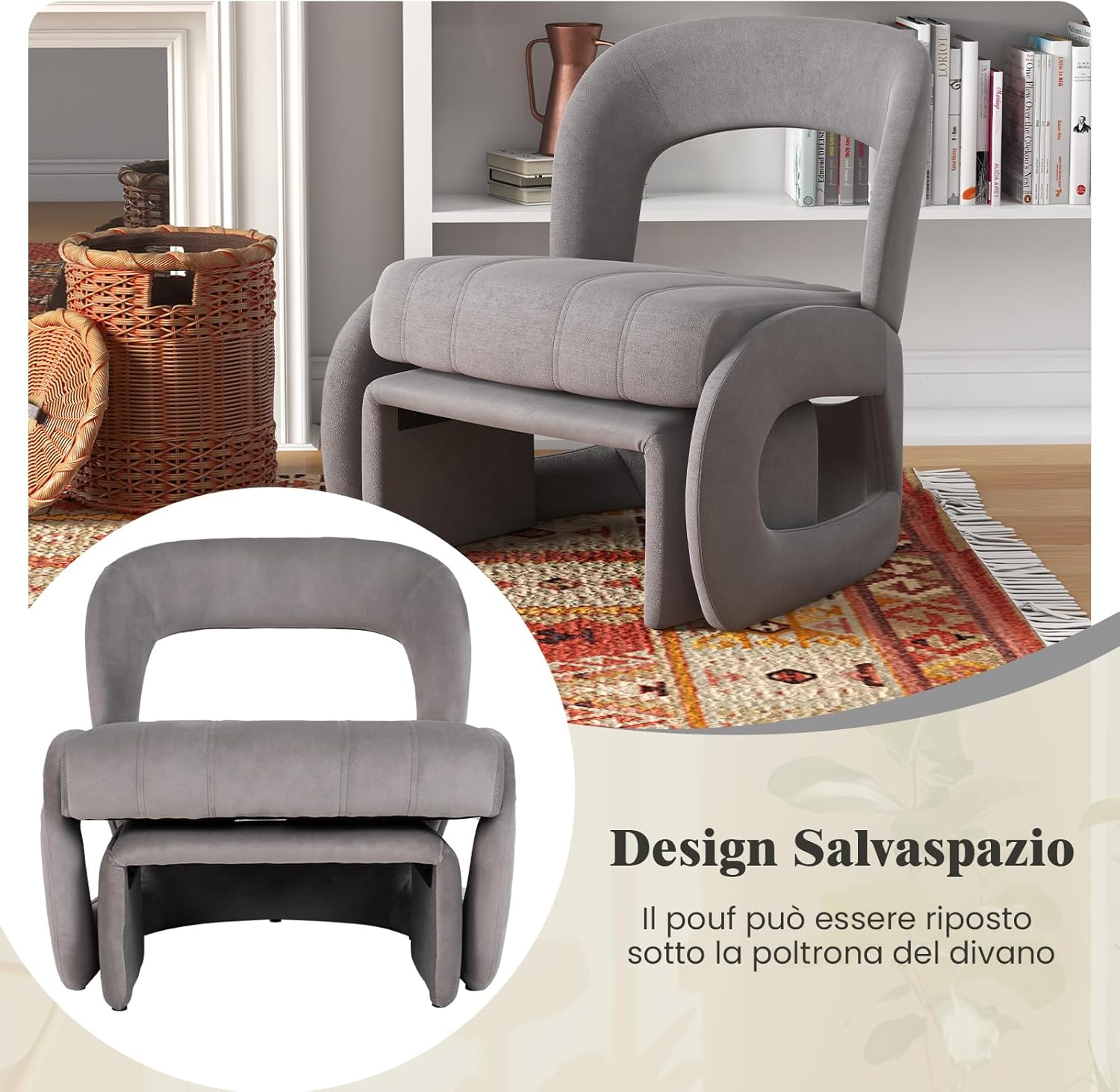 Poltrona con Pouf, Poltrona Relax con Poggiapiedi, Set di Poltrona e Pouf Rivestiti in Velluto, con Schienale Curvo Aperto, Poltrona da Lettura per Soggiorno, Portata 180 kg