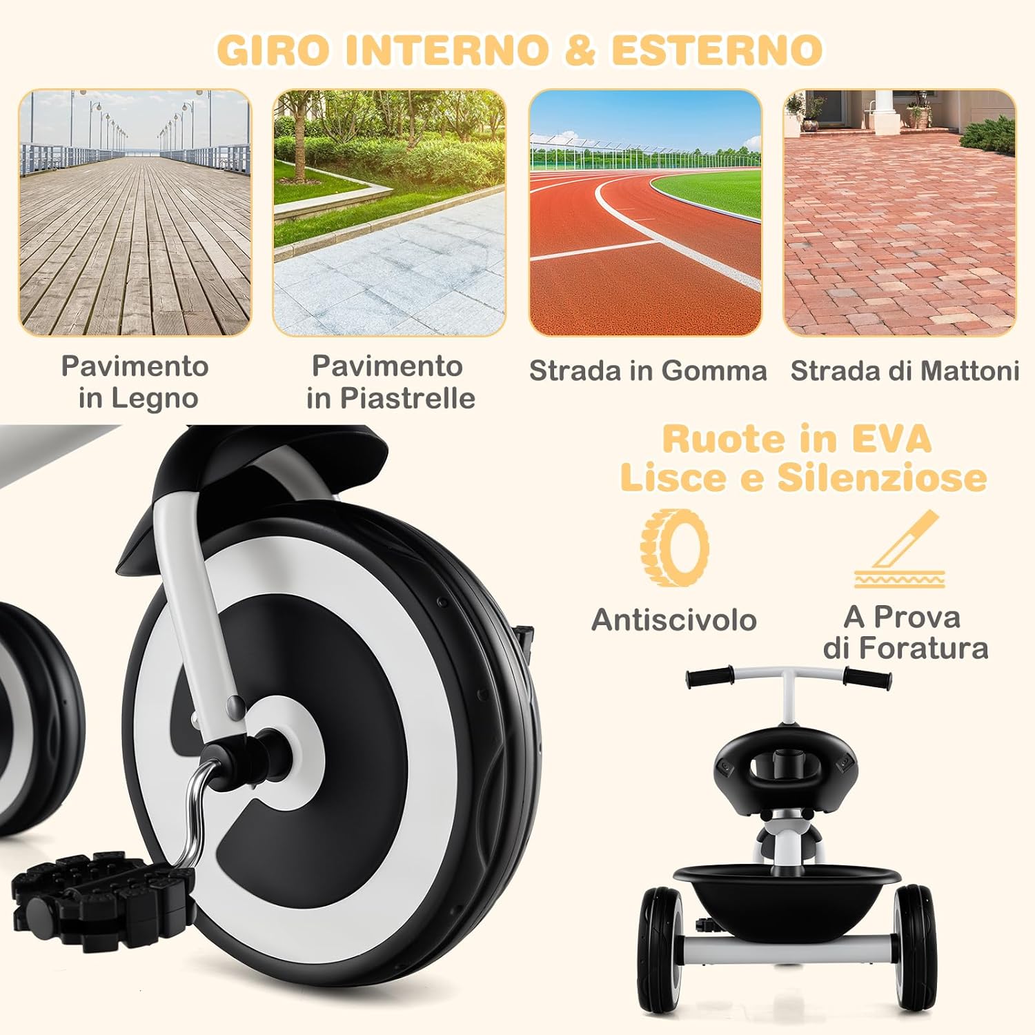 Triciclo per Bambini, Trike con Sede Regolabile Cestini Anteriori e Posteriori, Bicicletta a 3 Ruote con Telaio in Ferro Carbonioso di Alta Resistenza, per Bambini 1,5-5 Anni (Bianco)