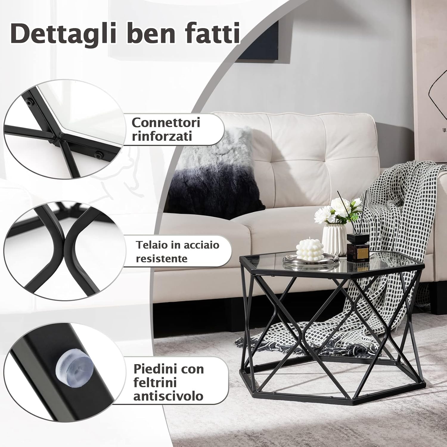 Tavolino da Salotto Esagonale con Piano in Vetro e Telaio in Acciaio, Tavolino da Divano Stretto e Moderno Tavolino da Basso per Soggiorno, Balcone e Studio, 65 x 56 x 40cm