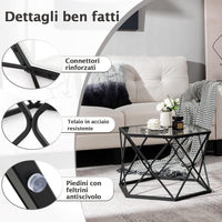 Tavolino da Salotto Esagonale con Piano in Vetro e Telaio in Acciaio, Tavolino da Divano Stretto e Moderno Tavolino da Basso per Soggiorno, Balcone e Studio, 65 x 56 x 40cm