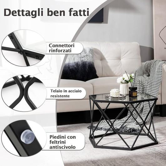 Tavolino da Salotto Esagonale con Piano in Vetro e Telaio in Acciaio, Tavolino da Divano Stretto e Moderno Tavolino da Basso per Soggiorno, Balcone e Studio, 65 x 56 x 40cm