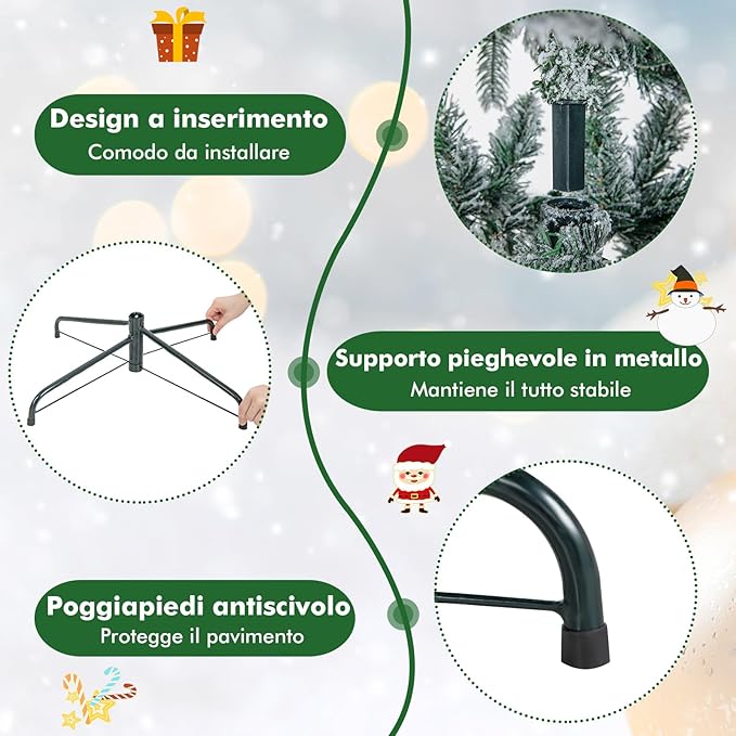 Albero di Natale Innevato 137/180/210 CM, Albero di Natale Artificiale Pre-Illuminato con 120/260/300 Luci LED, 757/1415/1684 Punte e Giunti a Cerniera (180 cm)