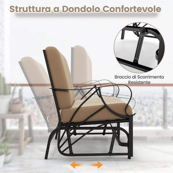 Panca a Dondolo da Giardino a 2 Posti, Panchina a Dondolo in Metallo con Cuscini, 124,5 x 89 x 73 cm, Carico Massimo 300kg, Sedia a Dondolo da Esterno Giardino Terrazza (Khaki)