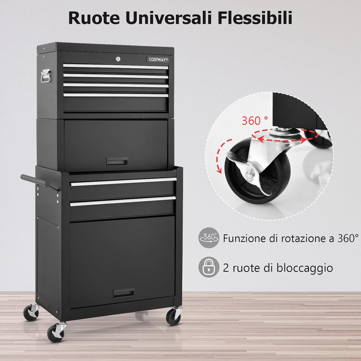 Cassettiera Portautensili a 6 Cassetti, Carrello per Attrezzi con Ruote Bloccabili, con Ripiano rimovibile e Serratura, 61,5 x 33 x 132 cm (Nero)