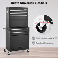 Cassettiera Portautensili a 6 Cassetti, Carrello per Attrezzi con Ruote Bloccabili, con Ripiano rimovibile e Serratura, 61,5 x 33 x 132 cm (Nero)