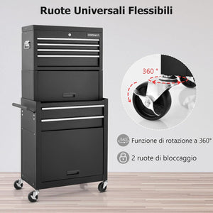 Cassettiera Portautensili a 6 Cassetti, Carrello per Attrezzi con Ruote Bloccabili, con Ripiano rimovibile e Serratura, 61,5 x 33 x 132 cm (Nero)