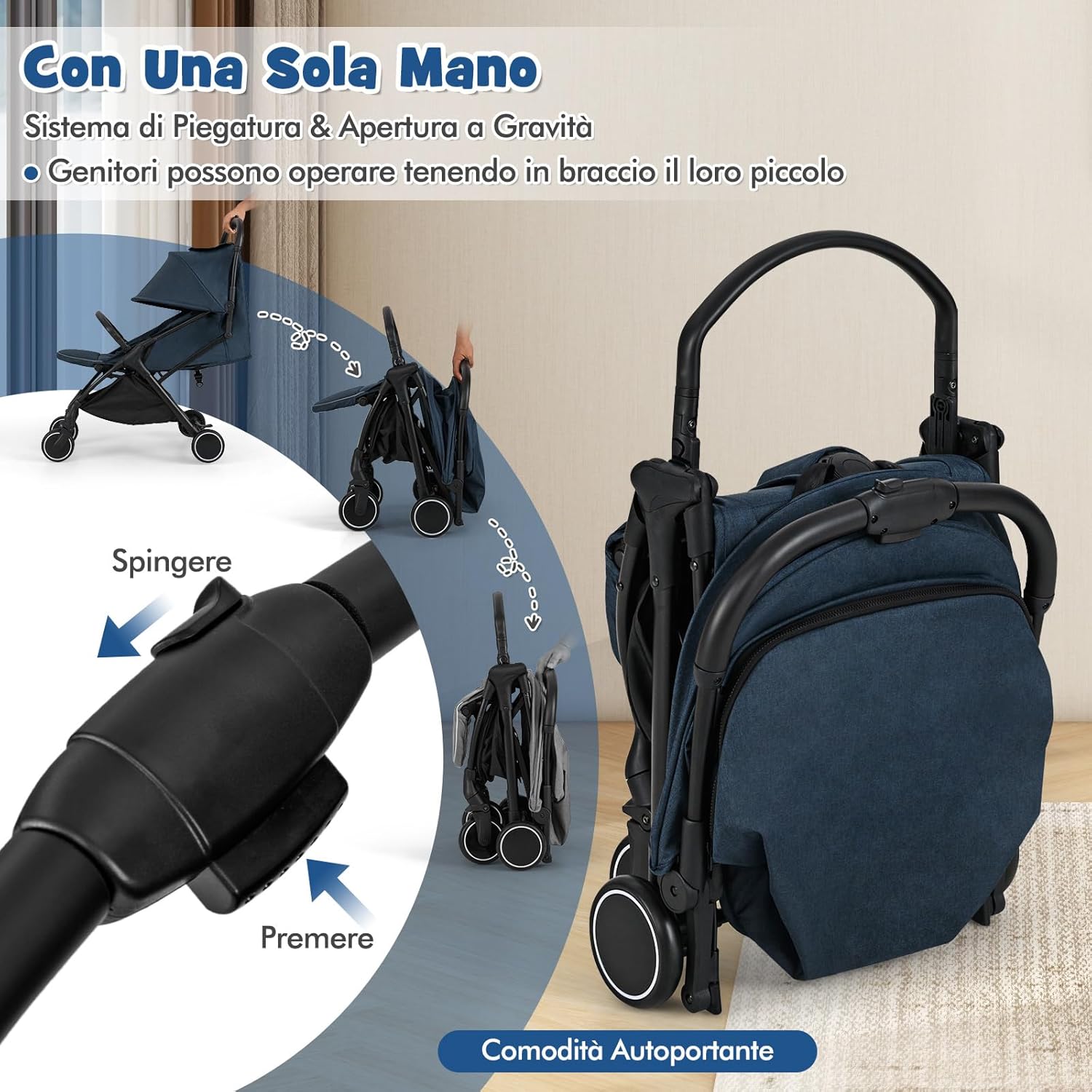 Passeggino Leggero per Bambini, Passeggino da Viaggio con Schienale Regolabile, Passeggino Portatile per Bambini con Schienale Reclinabile e Cappotta Regolabile, per Bambini 0-3 Anni (Blu)