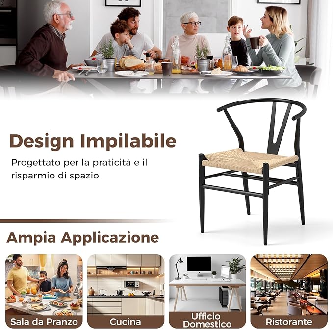 Set di 2 Sedie Sala da Pranzo, Sedie Moderna in Metallo con Seduta Intrecciato, Schienale a Forma di Y e Braccioli, Poltrone per Ufficio, Cucina e Ristorante, 46 x 59 x 73 cm (Nero e Naturale)