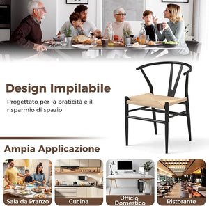 Set di 2 Sedie Sala da Pranzo, Sedie Moderna in Metallo con Seduta Intrecciato, Schienale a Forma di Y e Braccioli, Poltrone per Ufficio, Cucina e Ristorante, 46 x 59 x 73 cm (Nero e Naturale)