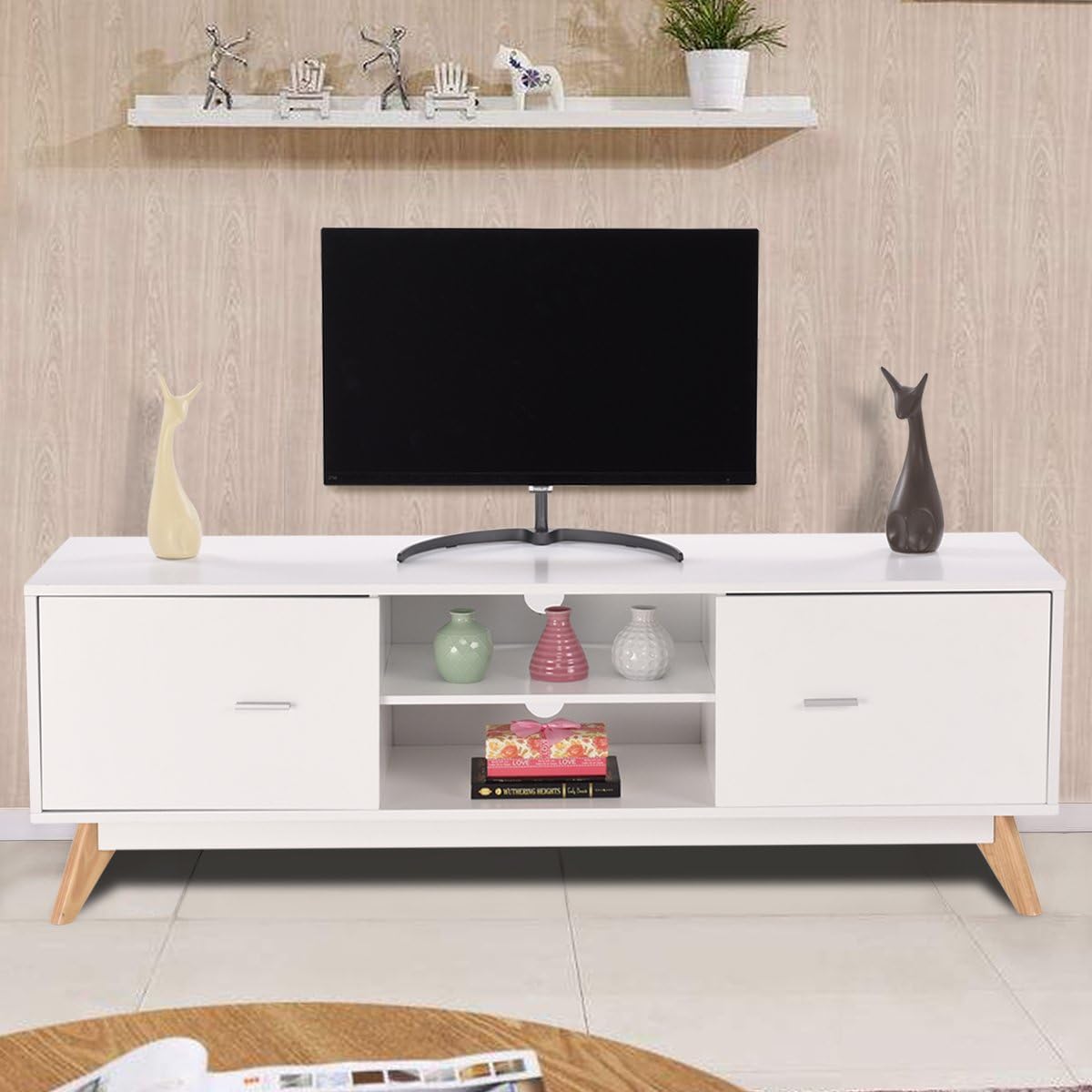 Mobile per TV da 60”, Mobile Porta TV Moderno con Ripiani, 2 Scomparti, 2 Ante, Fori Passacavi e Piedi in Legno Massello, Tavolo per Soggiorno e Camera da Letto, 140 x 40 x 48 cm, Bianco