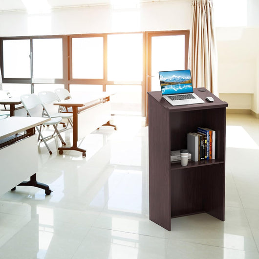 Podio per oratori in legno, leggio da terra con ripiano di stoccaggio e fori per cavi, pulpito per chiesa, aule, seminario, 58 x 40 x 117 cm (marrone)