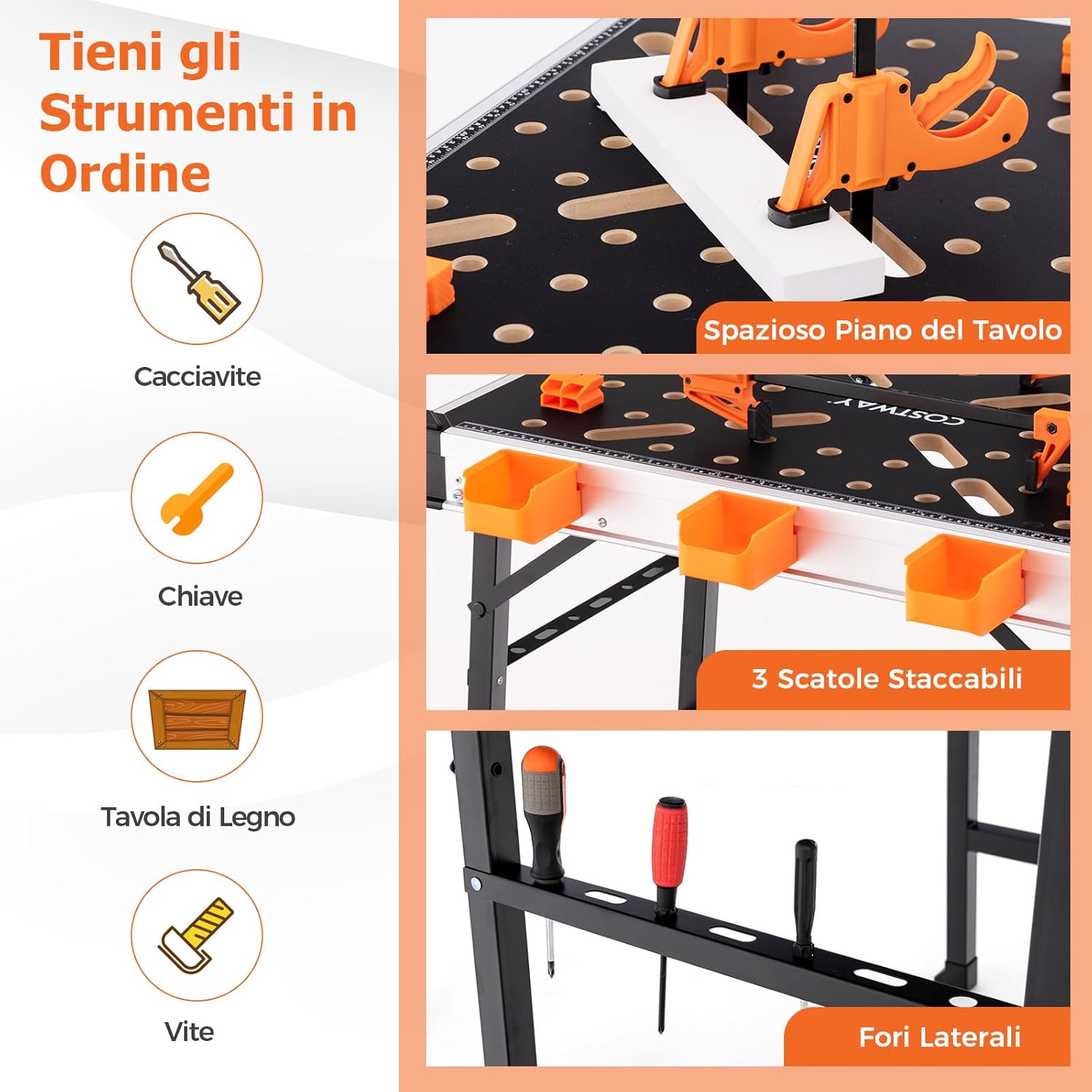 Banco da Lavoro Pieghevole, Tavolo da Lavoro Portatile con 2 Morsetti Rapidi e 4 Clamp Dogs, Telaio in Alluminio e Metallo, Capacità di Carico 454 KG (Modello 3)