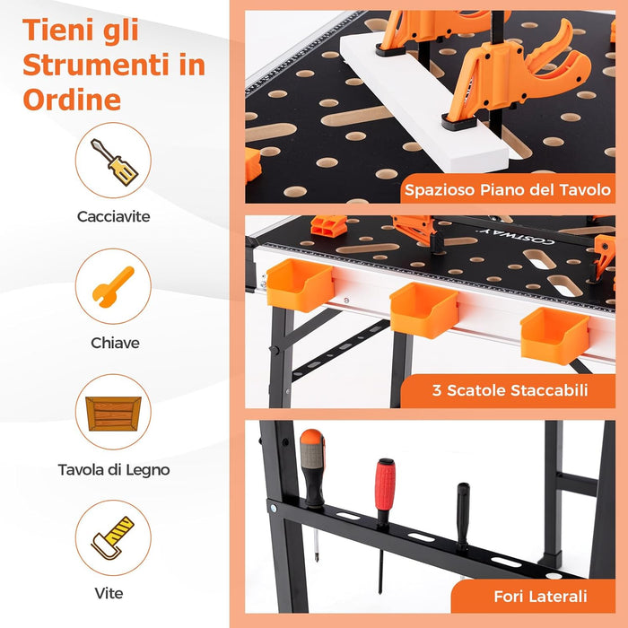 Banco da Lavoro Pieghevole, Tavolo da Lavoro Portatile con 2 Morsetti Rapidi e 4 Clamp Dogs, Telaio in Alluminio e Metallo, Capacità di Carico 454 KG (Modello 3)