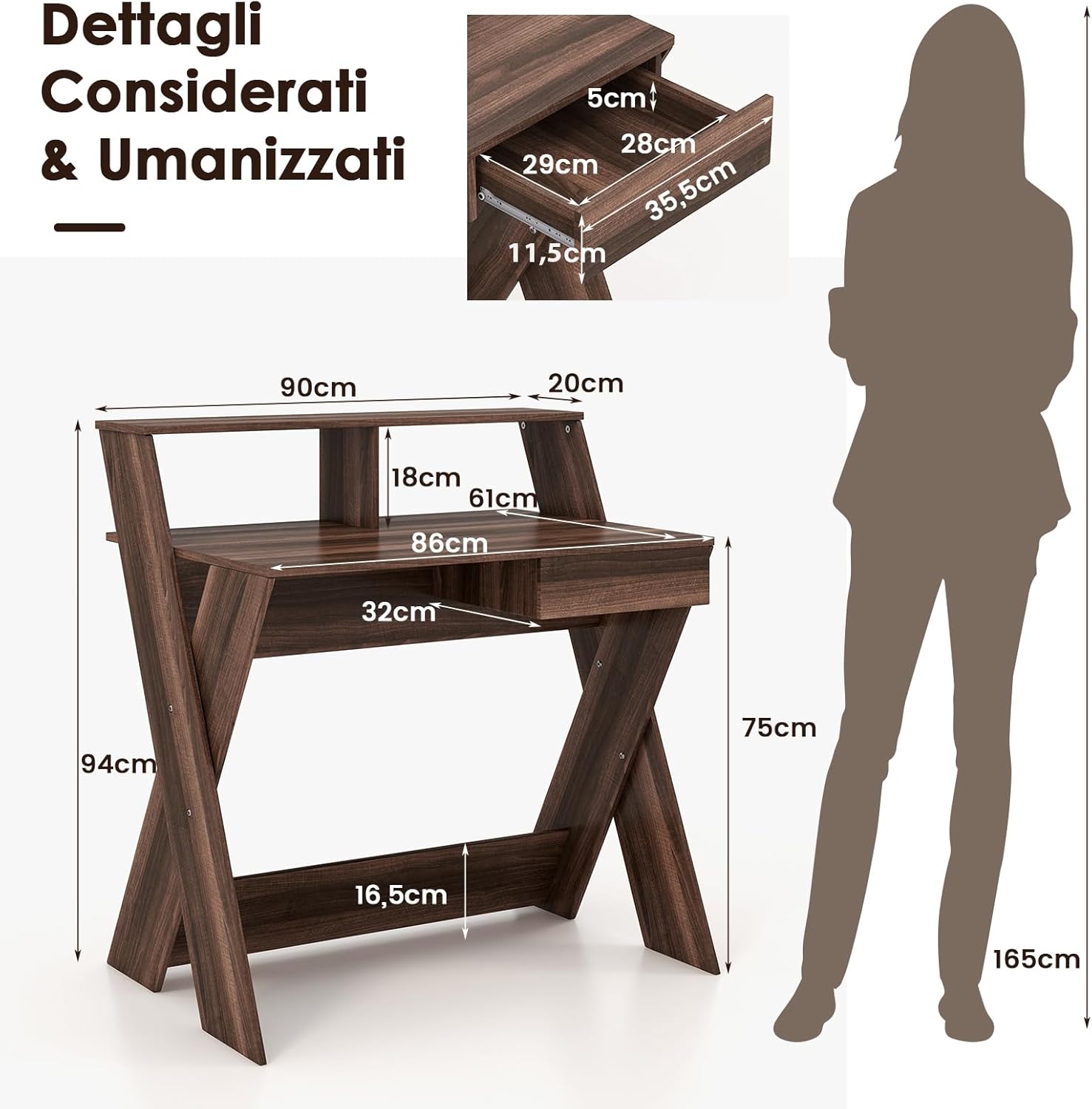 Scrivania per Computer in Legno, Scrivania con Cassetto, Portaoggetti e Supporto per Monitor, Poggiapiedi e Gambe a Forma di X, Ideale per Ufficio e Casa (Noce)